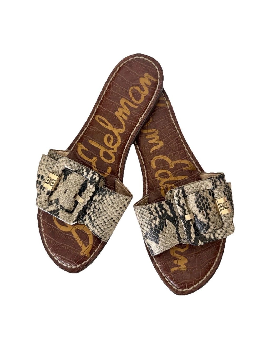 Sam Edelman Granada Snakeskin Print Slide Sandals Large Buckle Size 7